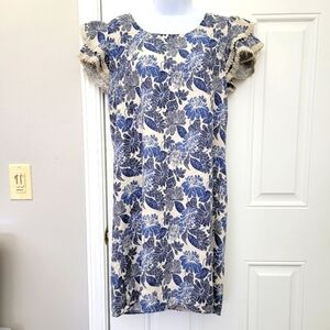 Luisa Perla Made In Italy Crochet Trim Flutter Sleeve Blue Tan Linen Dress Small